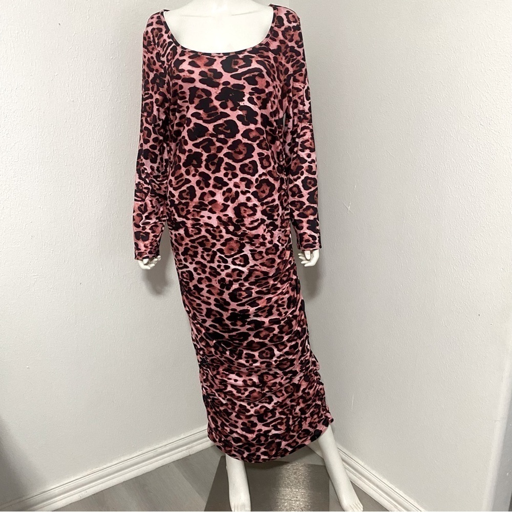 Women’s Long Sleeve Maxi Dress Scrunched Sides Leopard Print Pink/Black 2XL EUC